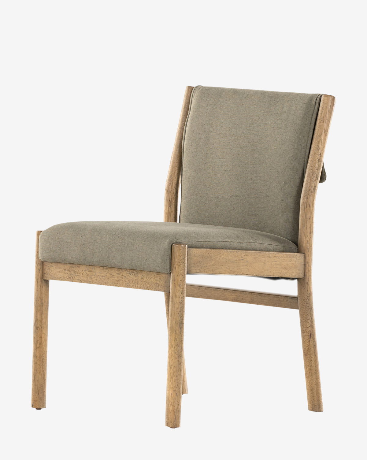 The Bardot Dining Chair has a parawood frame, light brown legs, and cushioned seat and backrest in high-performance taupe fabric, set against a plain white background by McGee & Co.