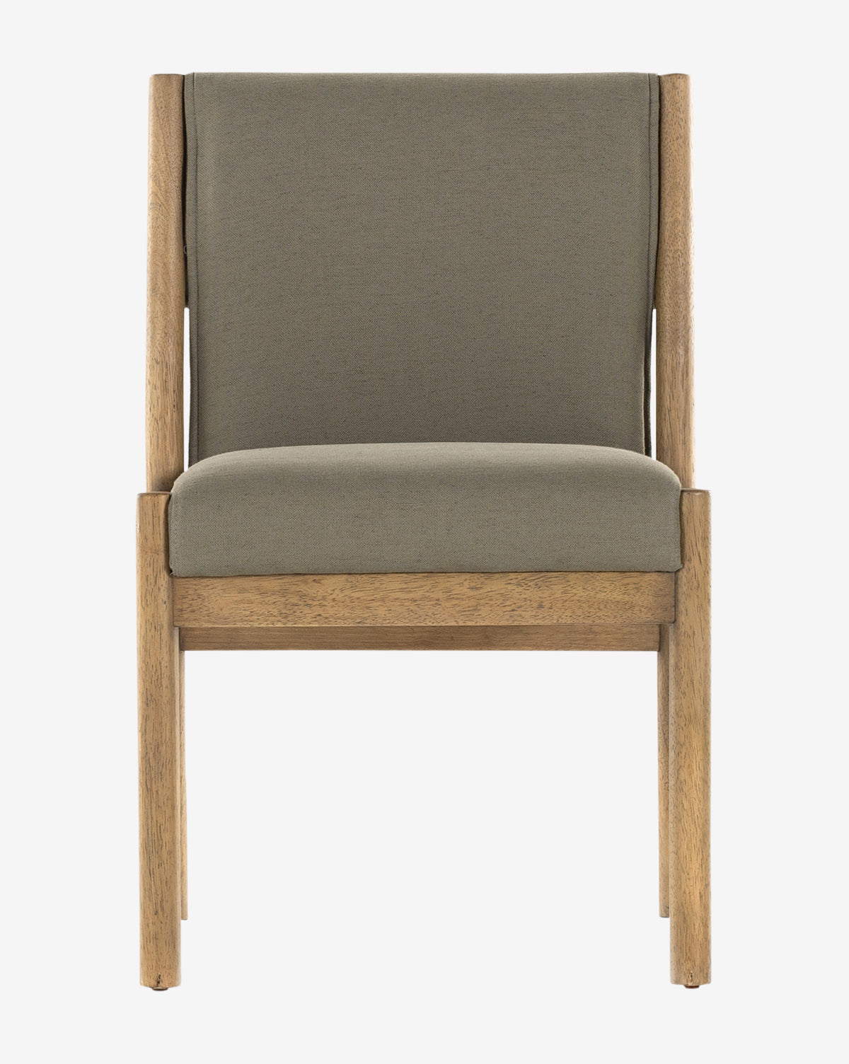 The Bardot Dining Chair has a modern parawood frame with straight legs, plus a padded seat and backrest in high-performance olive green fabric, shown from the front on a plain white background by McGee & Co.