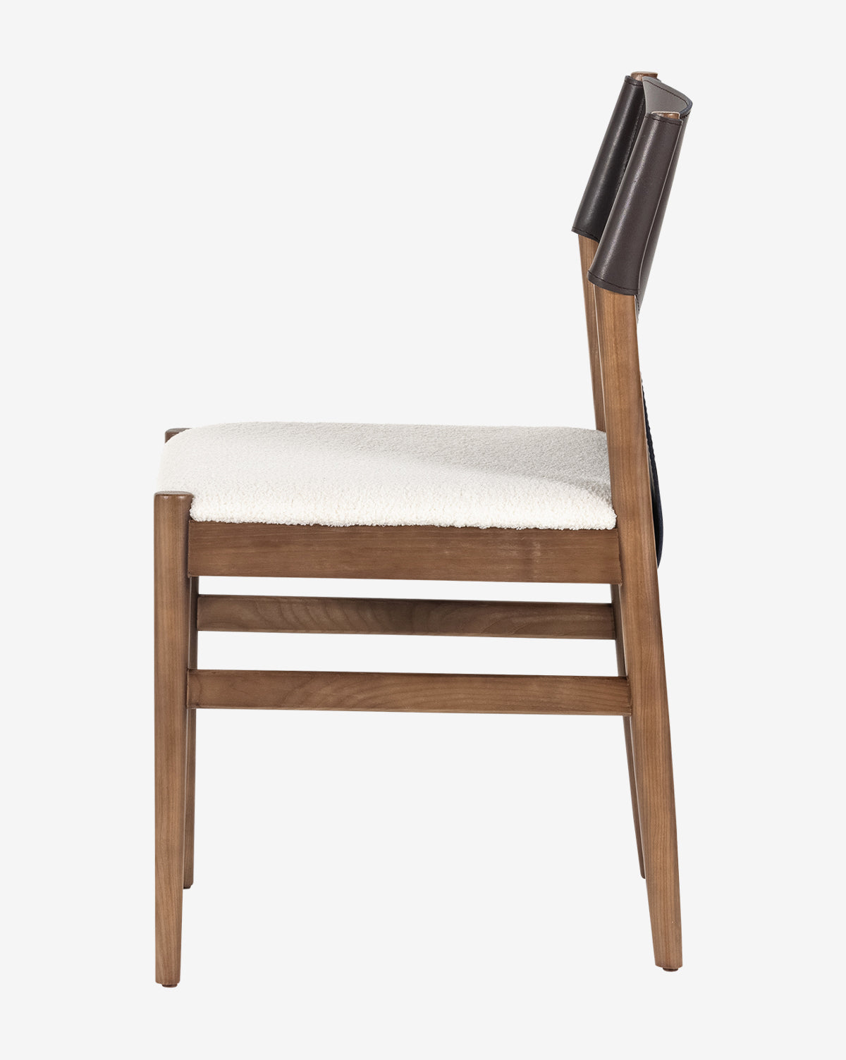 Side view of the Kelby Dining Chair, showcasing ash wood construction, a light upholstered seat, and a dark espresso leather-like backrest on a plain white background, by McGee & Co.