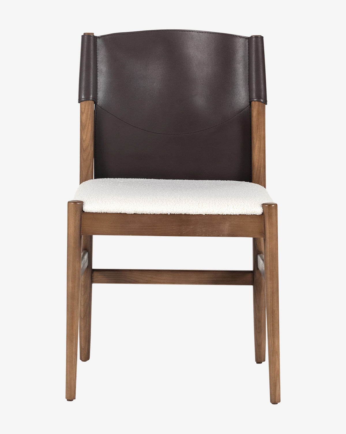 The Kelby Dining Chair has an ash wood frame, cushioned white seat, and dark espresso leather backrest, shown from the front on a plain white background by McGee & Co.