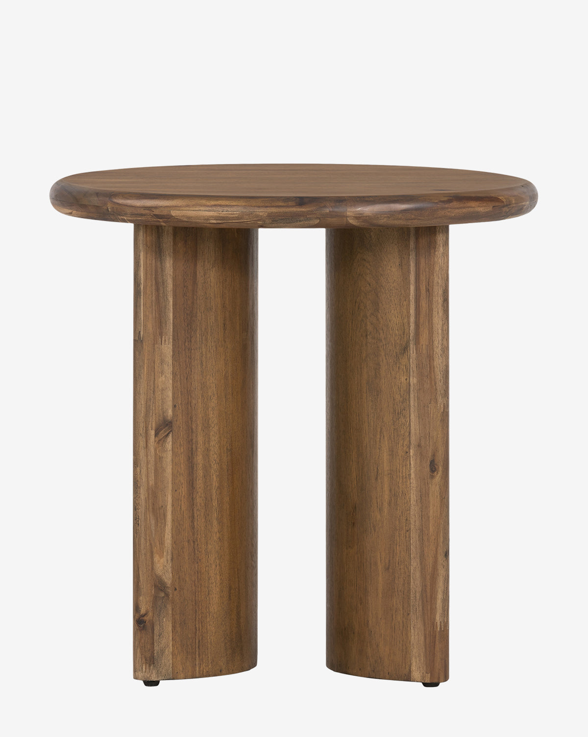 The Eleazar End Table features a round acacia wood top with two wide, cylindrical legs. Its natural finish showcases beautiful grain patterns, making it a standout coffee table against any white backdrop, by McGee & Co.