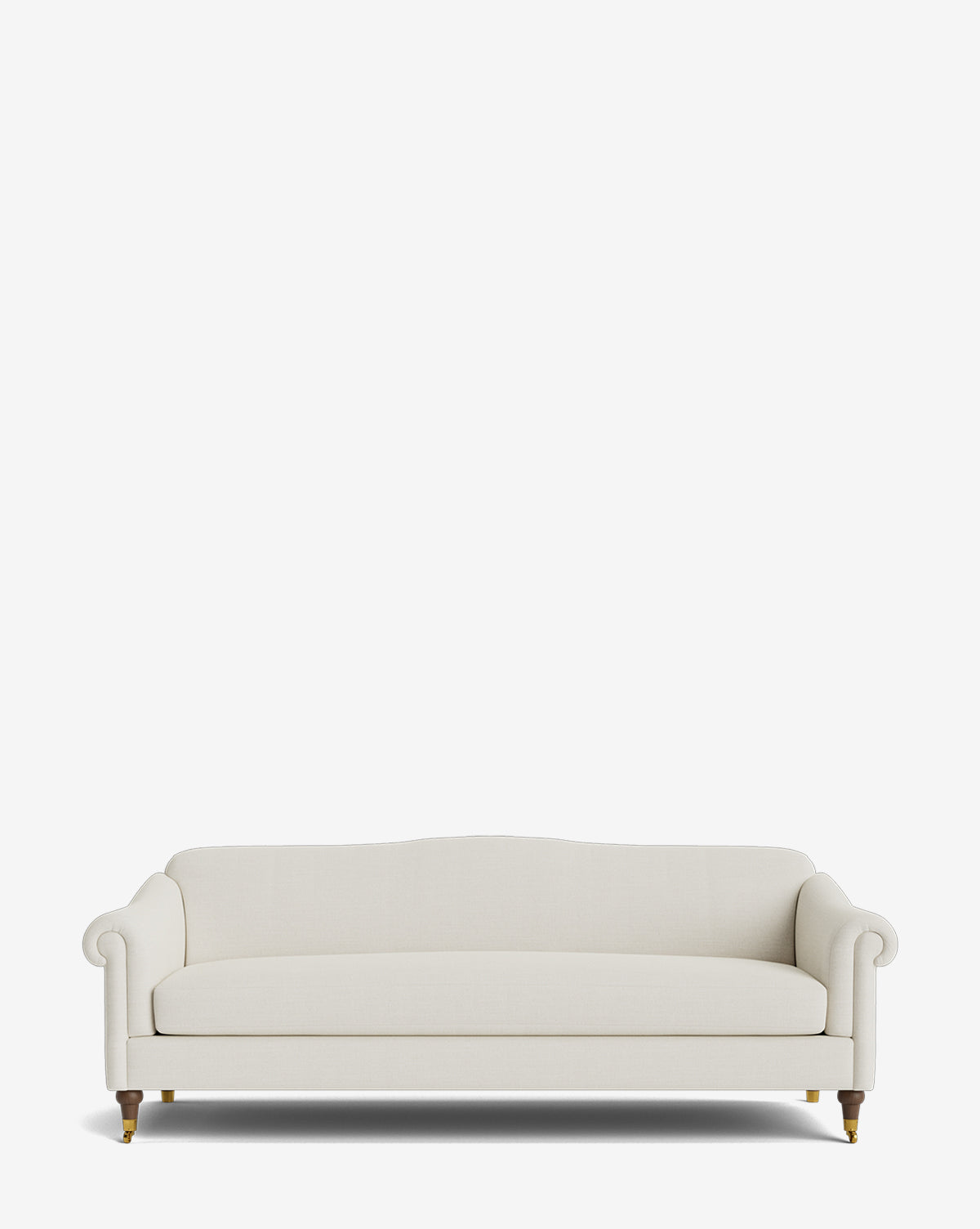 A cream-colored, handcrafted Hildegard Sofa 90 with rolled arms and wooden legs on castors, displayed against a plain white background by McGee & Co.