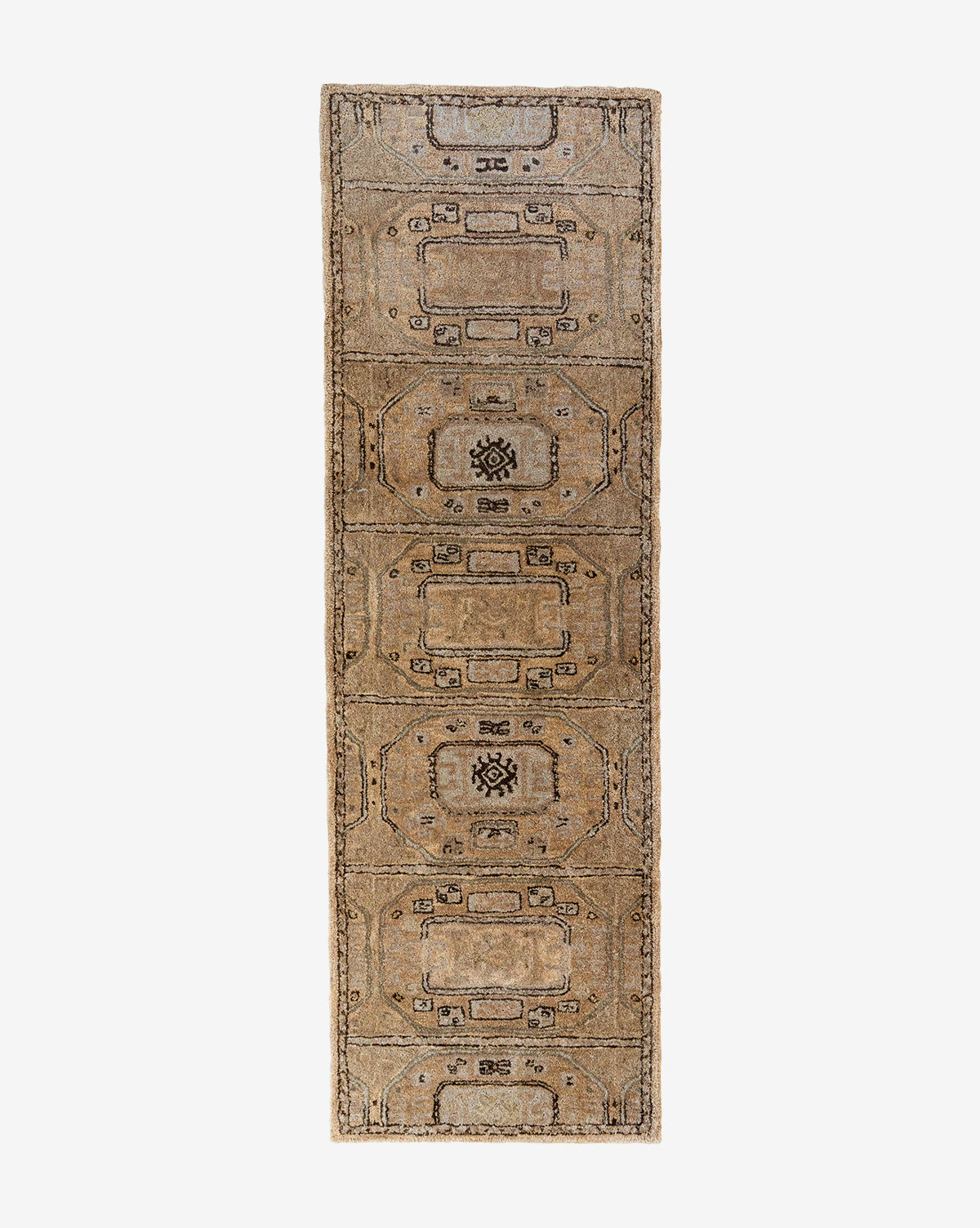 The Ellington Fawn Hand-Tufted Wool Rug is a rectangular, narrow area rug with geometric patterns in brown shades, featuring repeating central medallions and bordered edges for a timeless look, by McGee & Co.