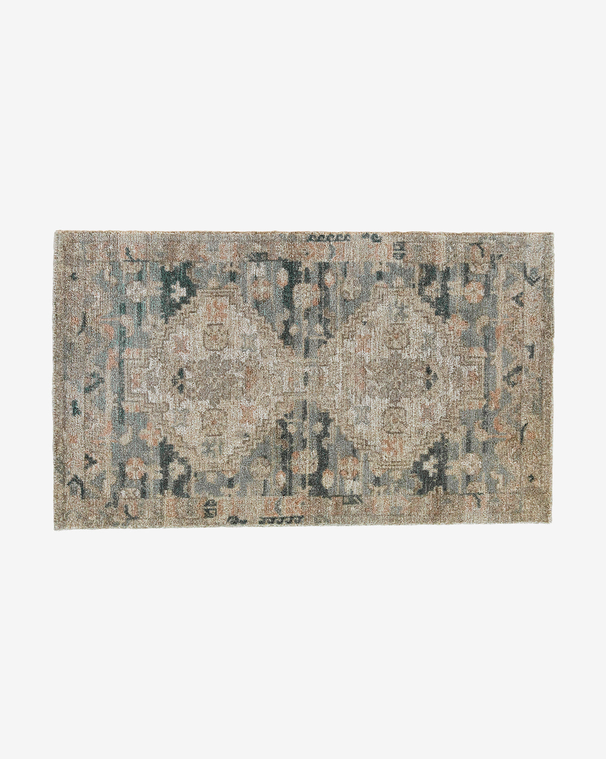 The Wilshire Blue Hand-Tufted Wool Rug features a rectangular shape with a muted, vintage-inspired geometric pattern in beige, taupe, and blue tones, plus subtle distressed details throughout, by McGee & Co.