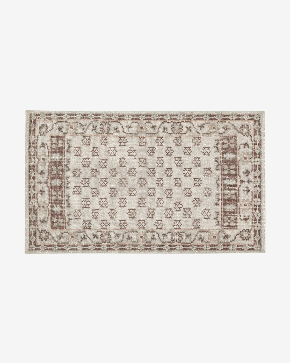 The Anya Neutral Hand-Knotted Wool Rug features a rectangular beige background with an intricate geometric and floral pattern in brown and gray, finished with a decorative border, by McGee & Co.