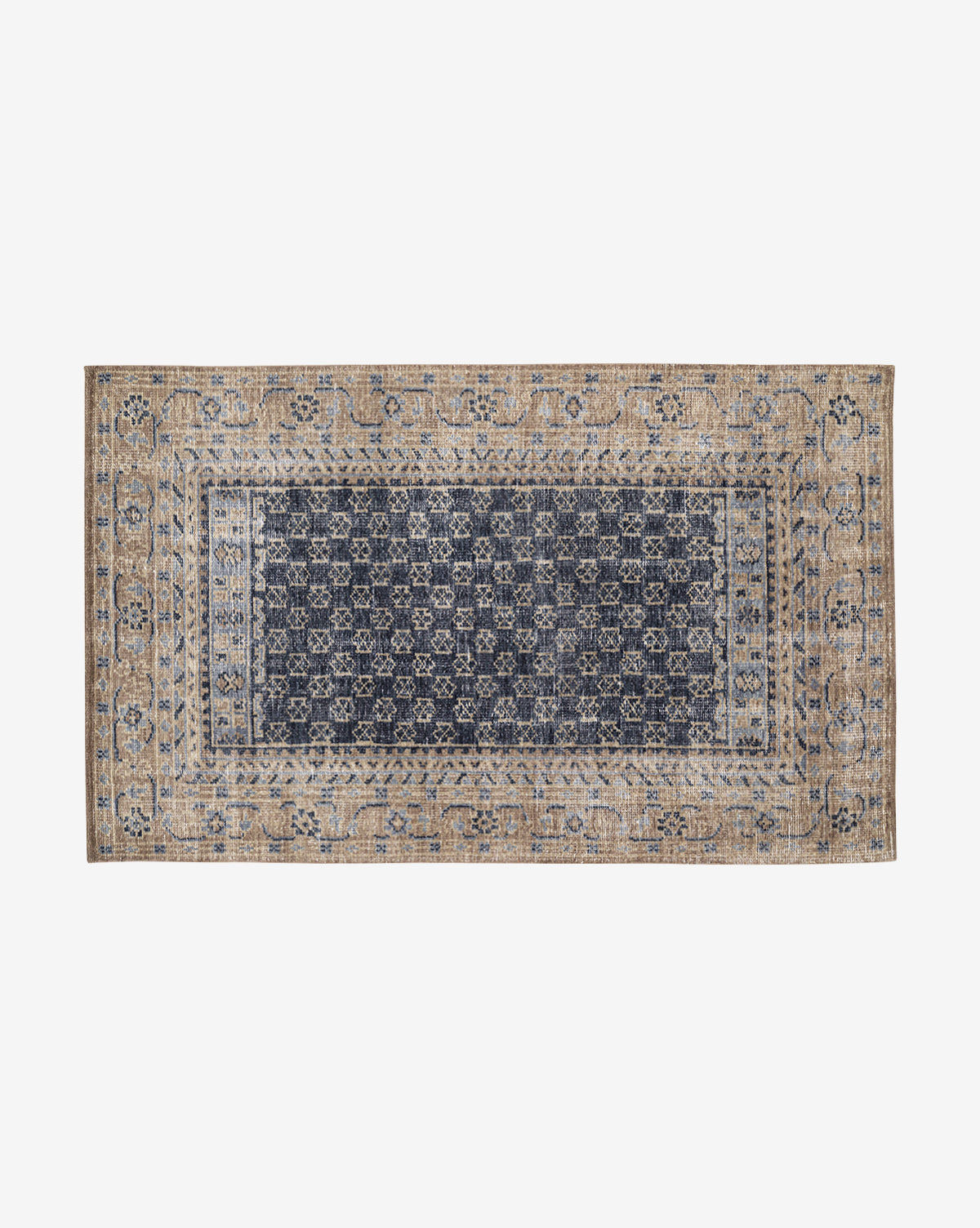 The Anya Indigo Hand-Knotted Wool Rug features a dark blue geometric center with a wide beige border of intricate florals and vines, blending traditional elegance with transitional style, by McGee & Co.