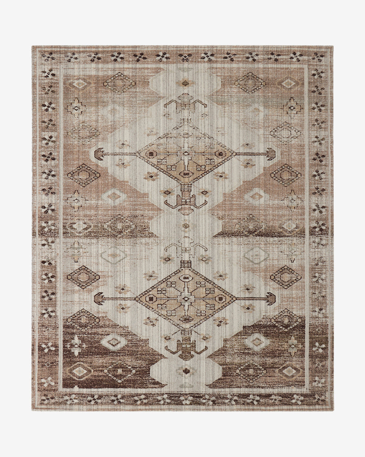 The Conway Handwoven Wool Rug is a rectangular piece featuring a geometric, Middle Eastern-inspired pattern in beige, brown, and taupe with a detailed symmetrical design and decorative border, by McGee & Co.