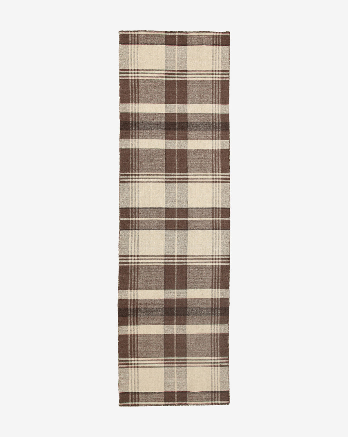 The Orton Handwoven Wool Rug features a classic plaid pattern in brown and beige wool, with intersecting lines that add rustic charm and a neutral touch to any space, by McGee & Co.