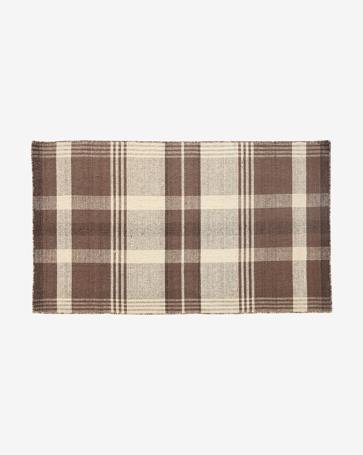 The Orton Handwoven Wool Rug features a rectangular shape, brown and beige plaid pattern with intersecting lines and large checks, slightly fringed edges, and is shown on a white background, by McGee & Co.