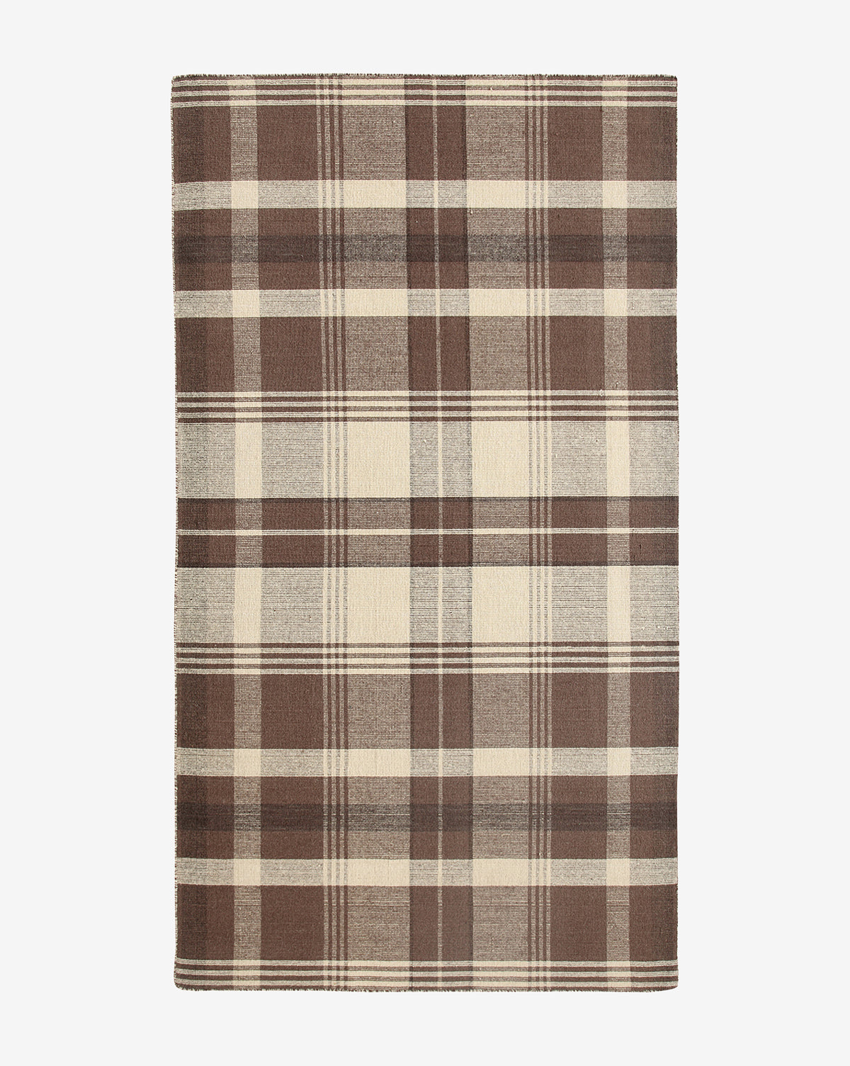 The Orton Handwoven Wool Rug features a rectangular design with a plaid pattern in brown, beige, and cream, showcasing overlapping horizontal and vertical stripes, by McGee & Co.