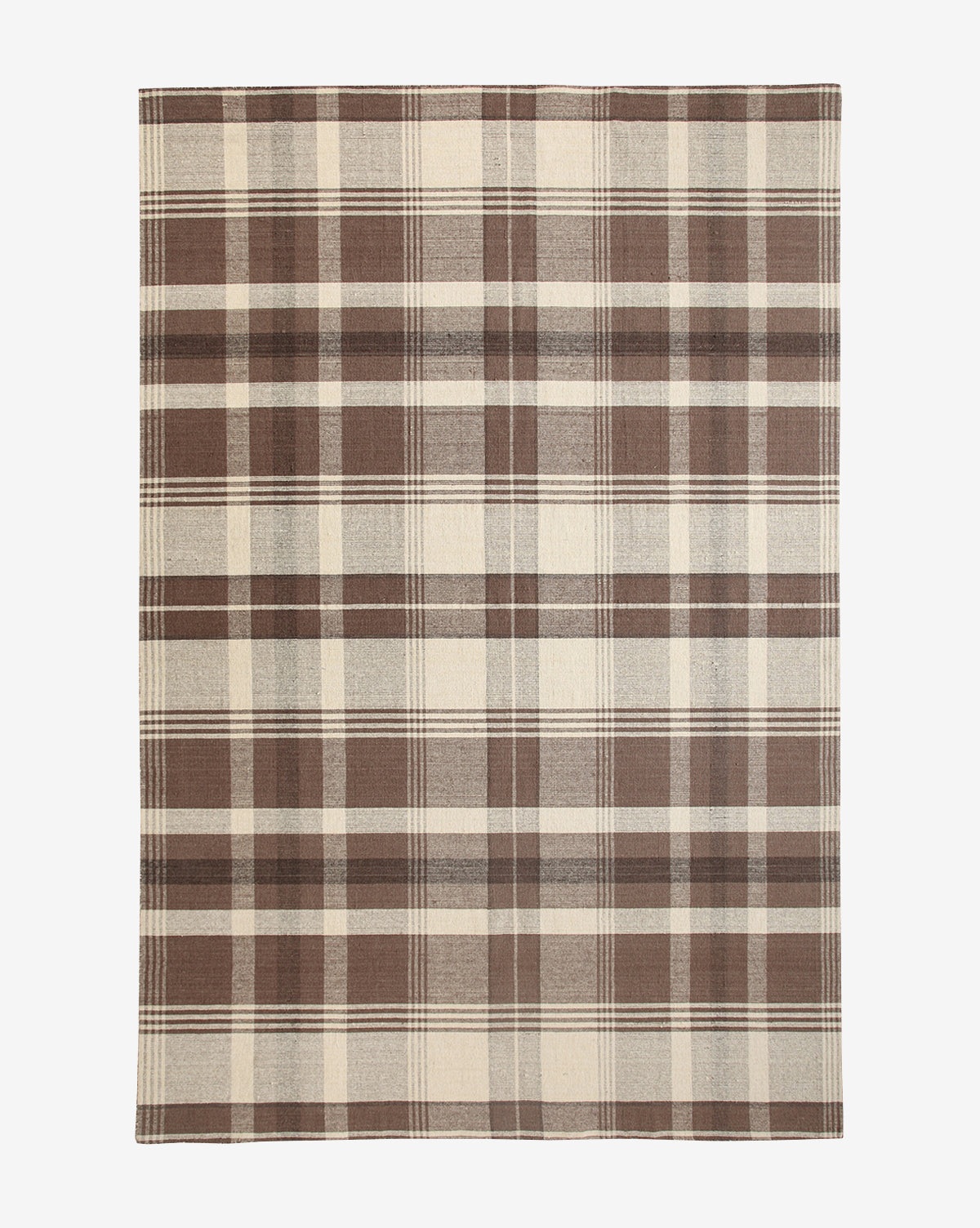 The Orton Handwoven Wool Rug is a rectangular wool rug with a plaid pattern in brown, beige, and cream, featuring evenly spaced vertical and horizontal lines, by McGee & Co.