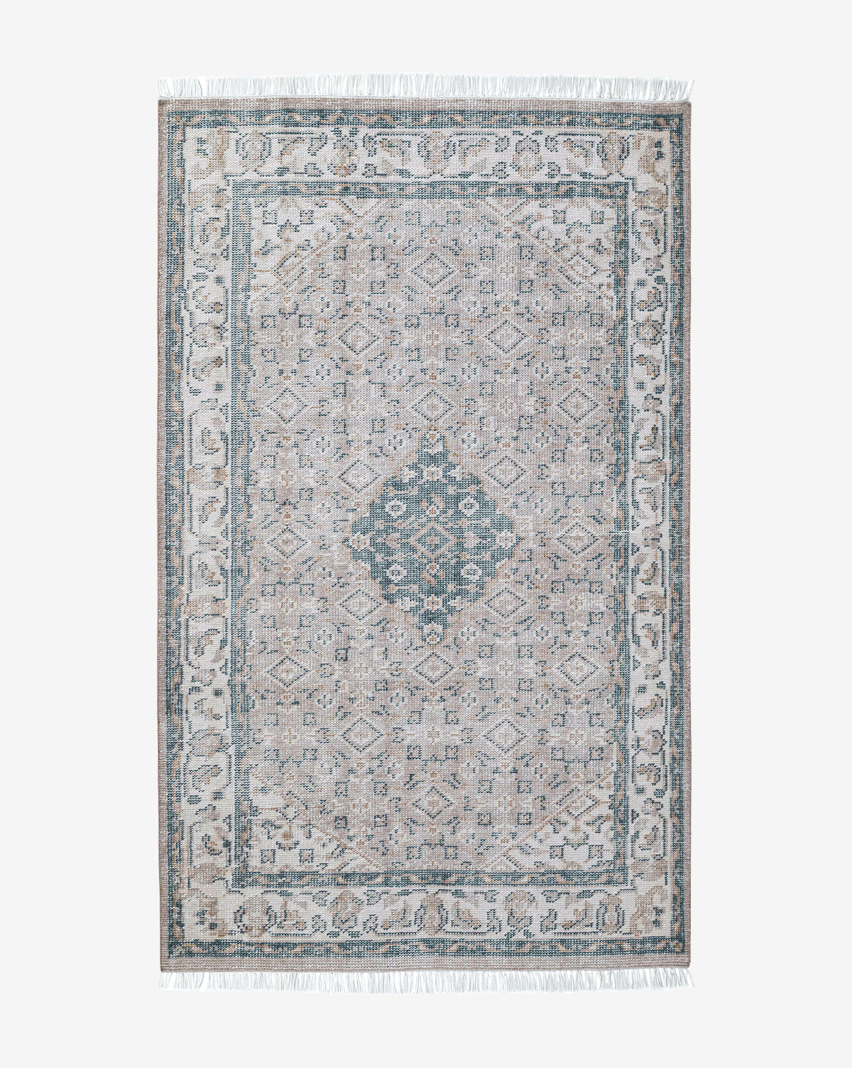 The Merilyn Hand-Knotted Rug features a rectangular shape, central diamond medallion, intricate geometric and floral motifs in muted blue, beige, and cream tones, finished with short fringe on the shorter edges, by McGee & Co.