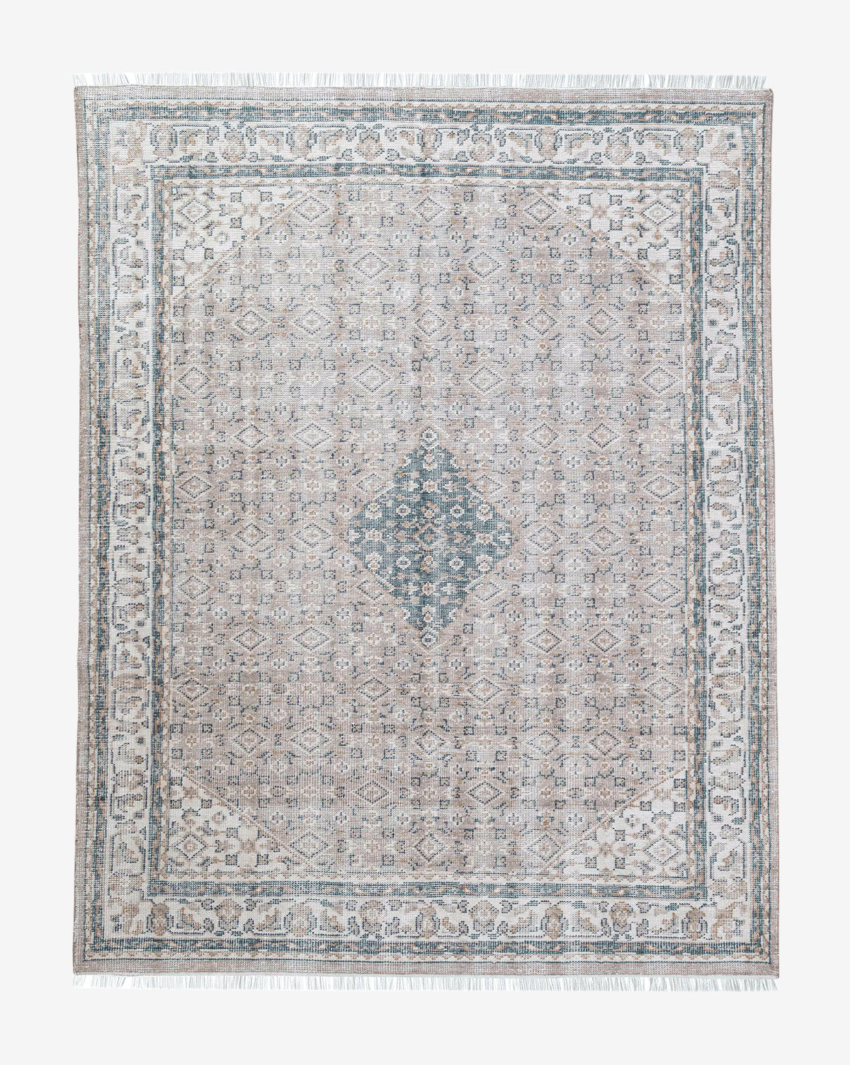 The Merilyn Hand-Knotted Rug is a rectangular piece with a central diamond medallion in blue and beige, ornate borders, detailed geometric patterns, and white fringes on the short ends, by McGee & Co.