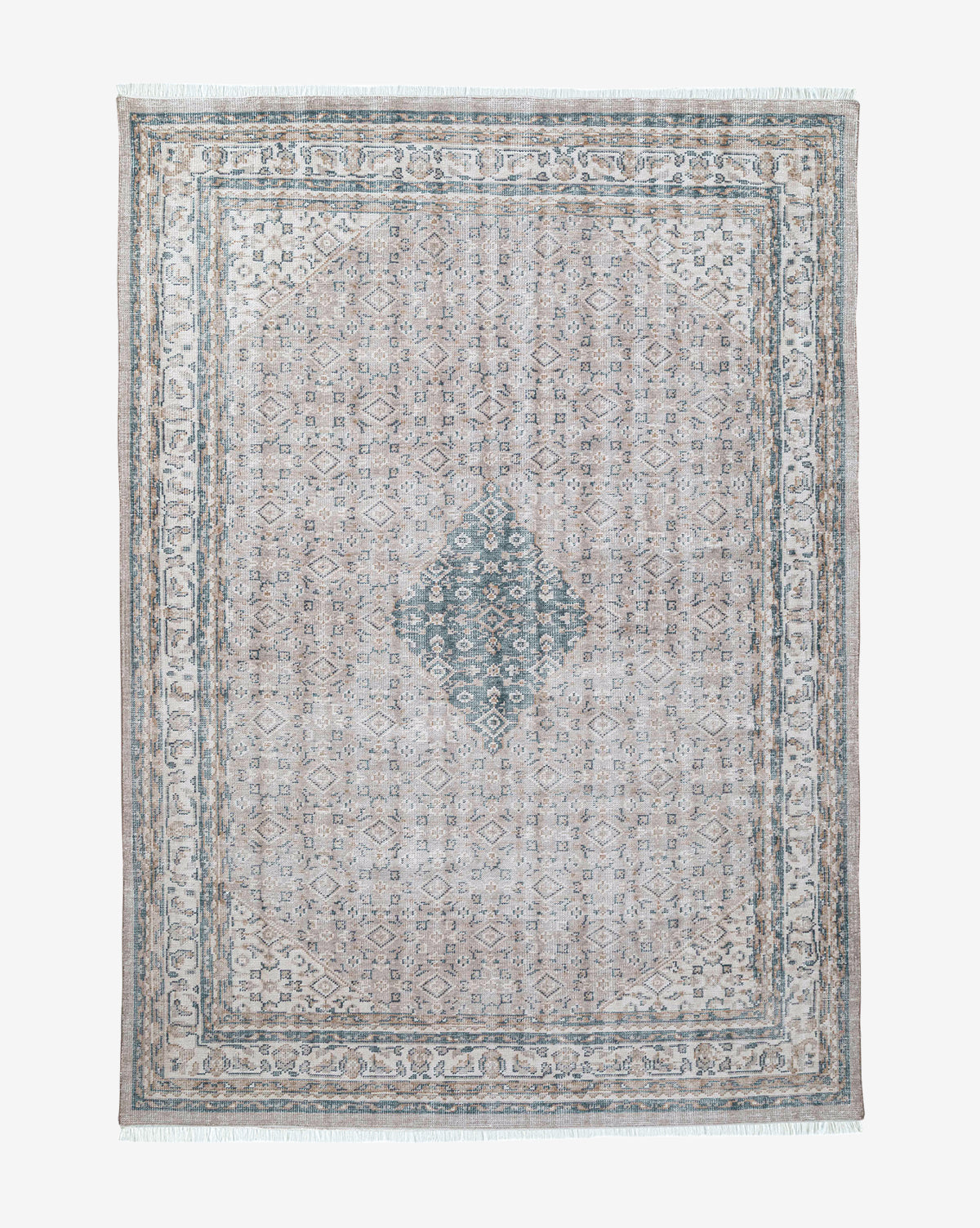 The Merilyn Hand-Knotted Rug is rectangular and handmade, showcasing a central diamond medallion with intricate, symmetrical patterns in muted beige, gray, and blue tones, plus multiple decorative borders, by McGee & Co.