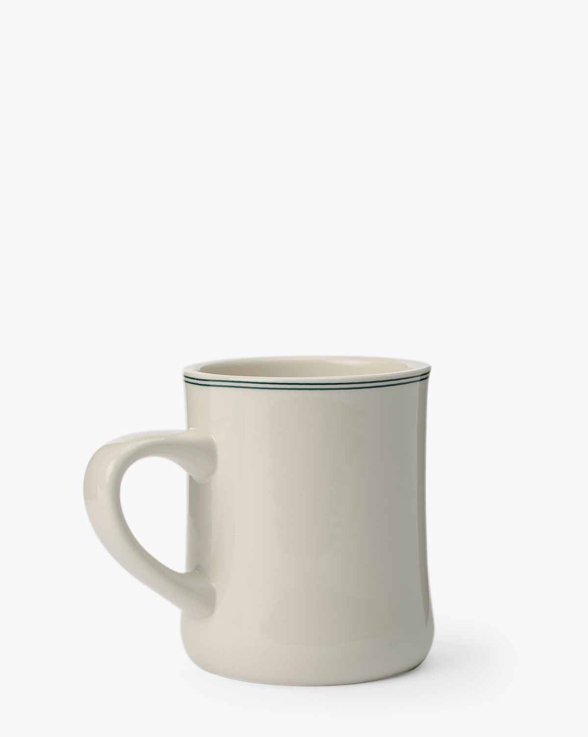 The M&Co Diner Mug is a classic white ceramic mug with a handle, accented by a thin green stripe near the rim, shown on a white background, by McGee & Co.