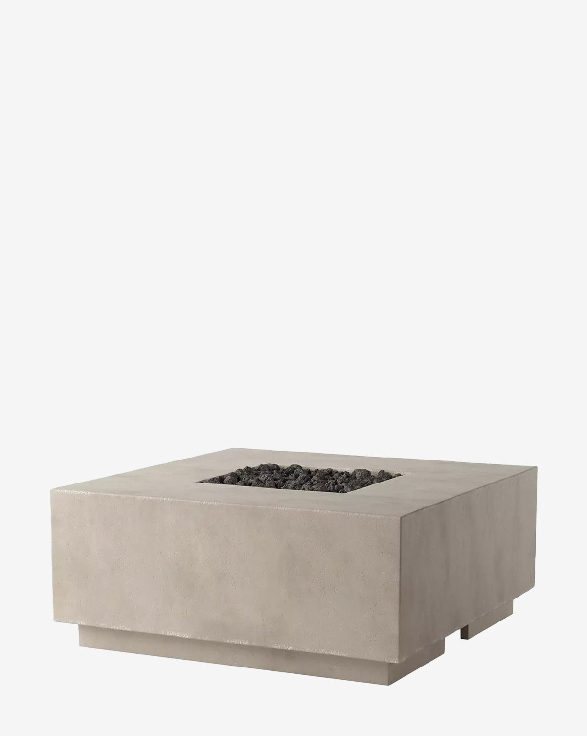 The Mackey Outdoor Fire Table is a modern square propane fire pit with a recessed center filled with black stones, perfect for backyard entertaining and shown against a plain white background by McGee & Co.