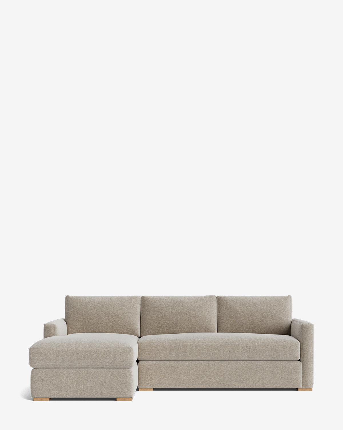 The Macy Upholstered Chaise Sectional 101 by Community is a modern light gray sectional with a left-facing chaise, three seat cushions, and three back cushions, shown against a plain white background. McGee & Co.