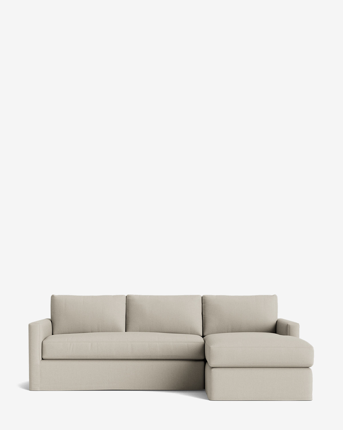 The Macy Slipcover Chaise Sectional 101 is a modern, light beige sectional with clean lines, three seat cushions, and a right-facing attached chaise—customizable and shown against a plain white background by McGee & Co.
