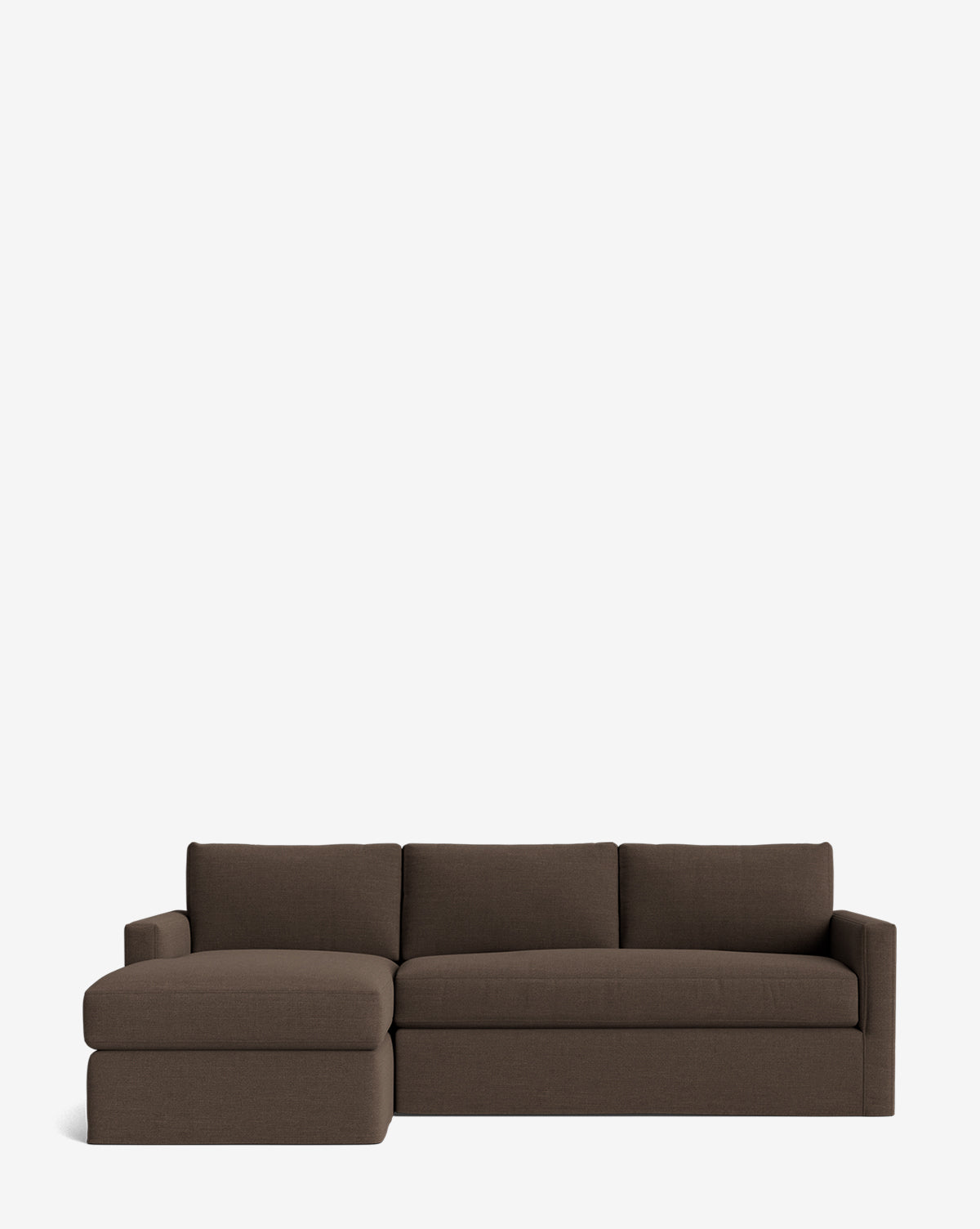 The Community Macy Slipcover Chaise Sectional 101 features three seat and back cushions, a left-facing chaise lounge, and a customizable design, all shown against a plain white background. McGee & Co.