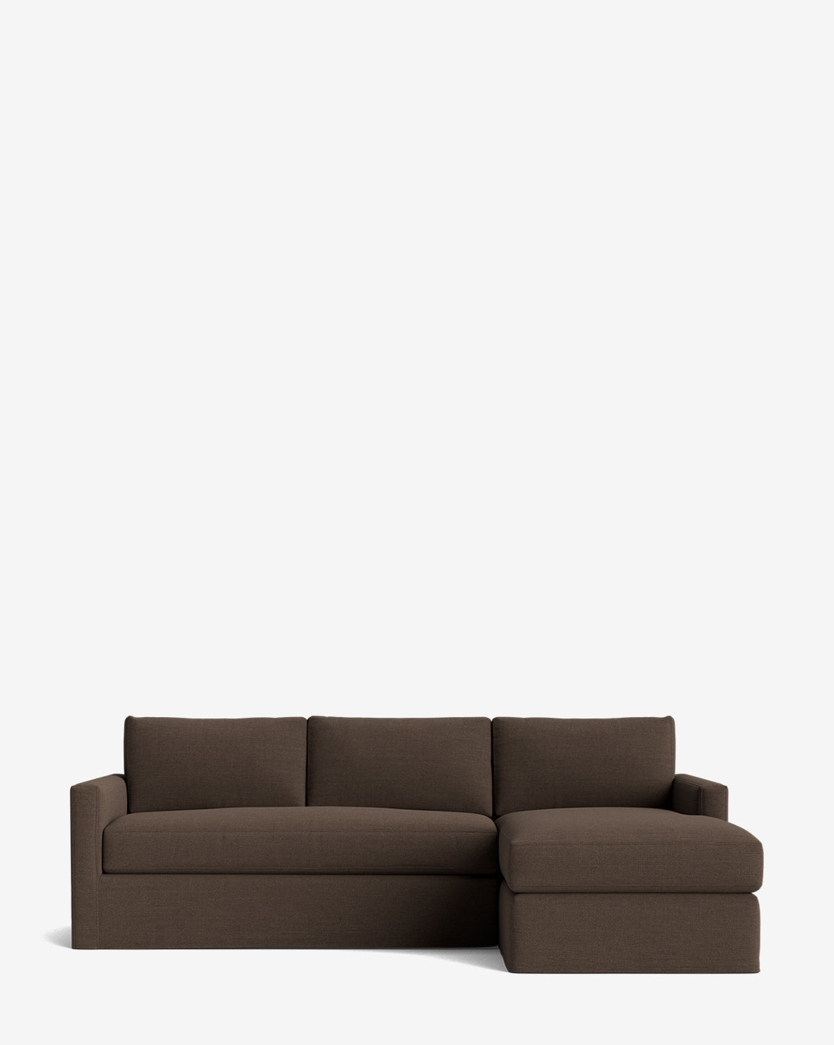 The Macy Slipcover Chaise Sectional 101 in brown features clean lines, a low back, three seat cushions, and a right-side chaise lounge, shown against a plain white background by McGee & Co.