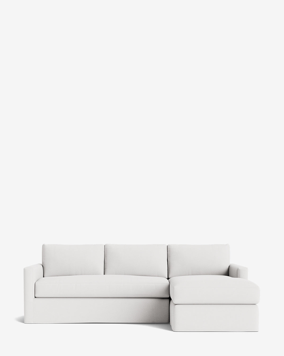 The Macy Slipcover Chaise Sectional 101 is a modern, light gray piece with clean lines, three seat cushions, and a right-side chaise, featuring a deep silhouette and shown on a plain white background by McGee & Co.