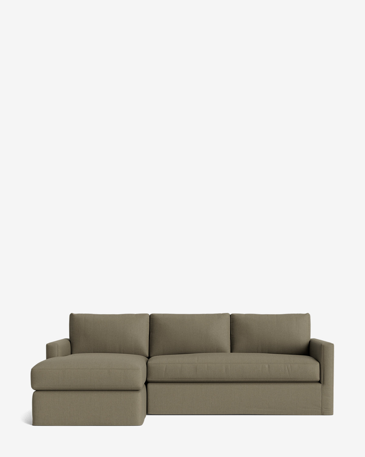 The Community Macy Slipcover Chaise Sectional 101 in olive green features three back cushions and a left-side chaise lounge, with deep sectional lines. Displayed on a plain white background for a clean, modern look. McGee & Co.