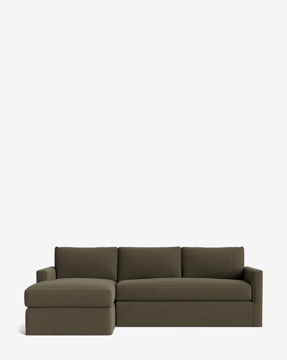 The Community Macy Slipcover Chaise Sectional 101 is a modern olive green sofa with three cushions and a left-side chaise, shown on a plain white background. McGee & Co.