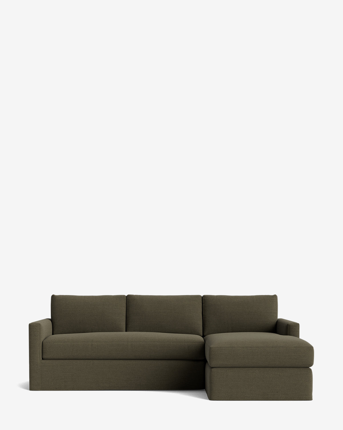 The Macy Slipcover Chaise Sectional 101 features a deep dark olive green design with three seat and back cushions, a left armrest, and a right slipcover chaise lounge, all set against a plain white background by McGee & Co.