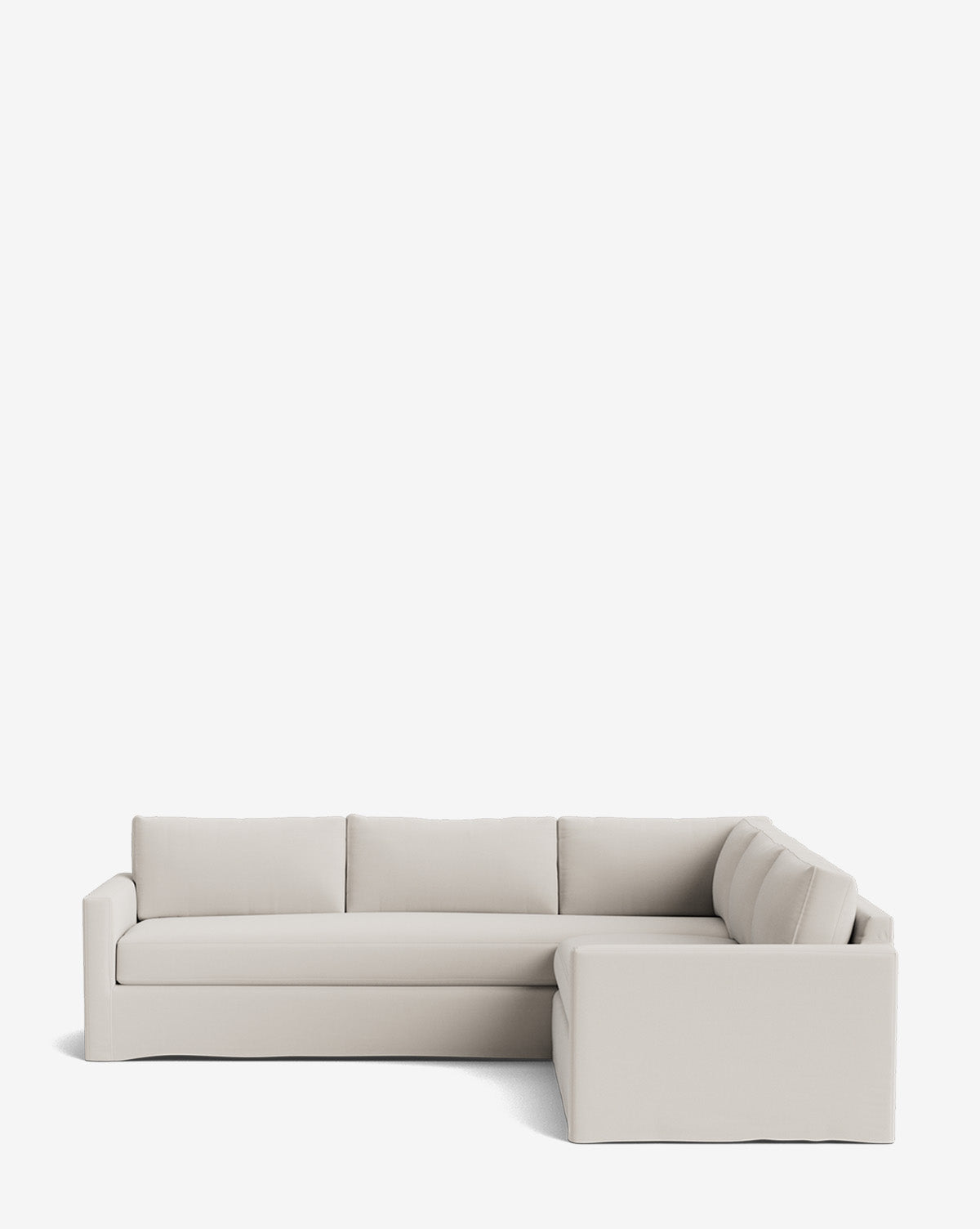 The Macy Slipcover L Sectional 108 features three seat cushions and a low backrest in light beige, set against a plain white background, providing a customizable sectional option for any living space, by McGee & Co.