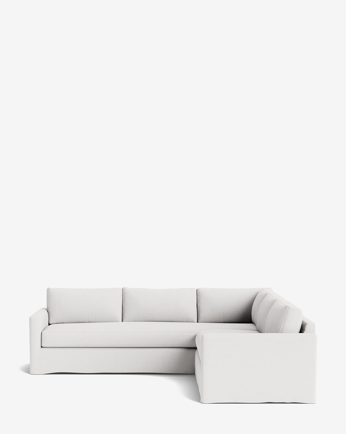 The Macy Slipcover L Sectional 108 in light gray features three seat cushions on the left with an L-shaped extended right section, a customizable design, and is displayed against a plain white background by McGee & Co.