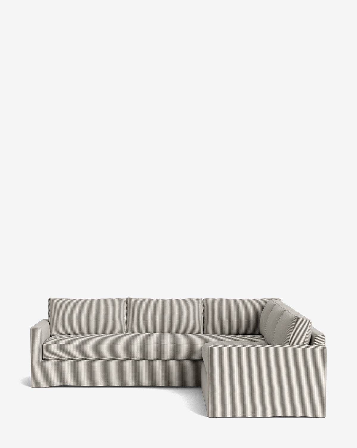 The Macy Slipcover L Sectional 108 features a modern design in light gray with a right-facing chaise and subtle vertical stripes, set against a white background. This customizable sectional brings versatile style to any contemporary space, by McGee & Co.
