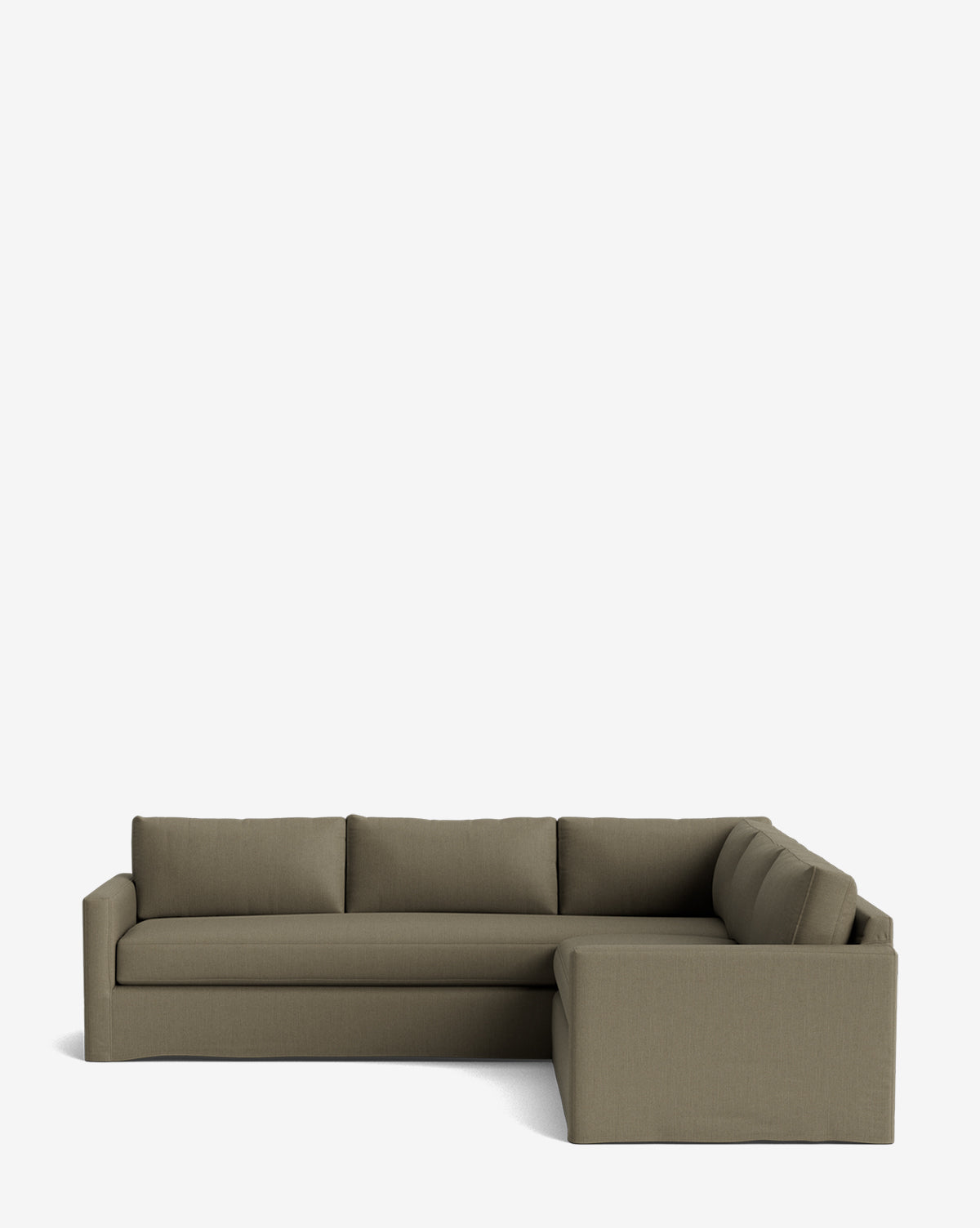 The Macy Slipcover L Sectional 108 features a deep, modern design with clean lines and olive green upholstery in an L-shaped silhouette, shown against a plain white background by McGee & Co.