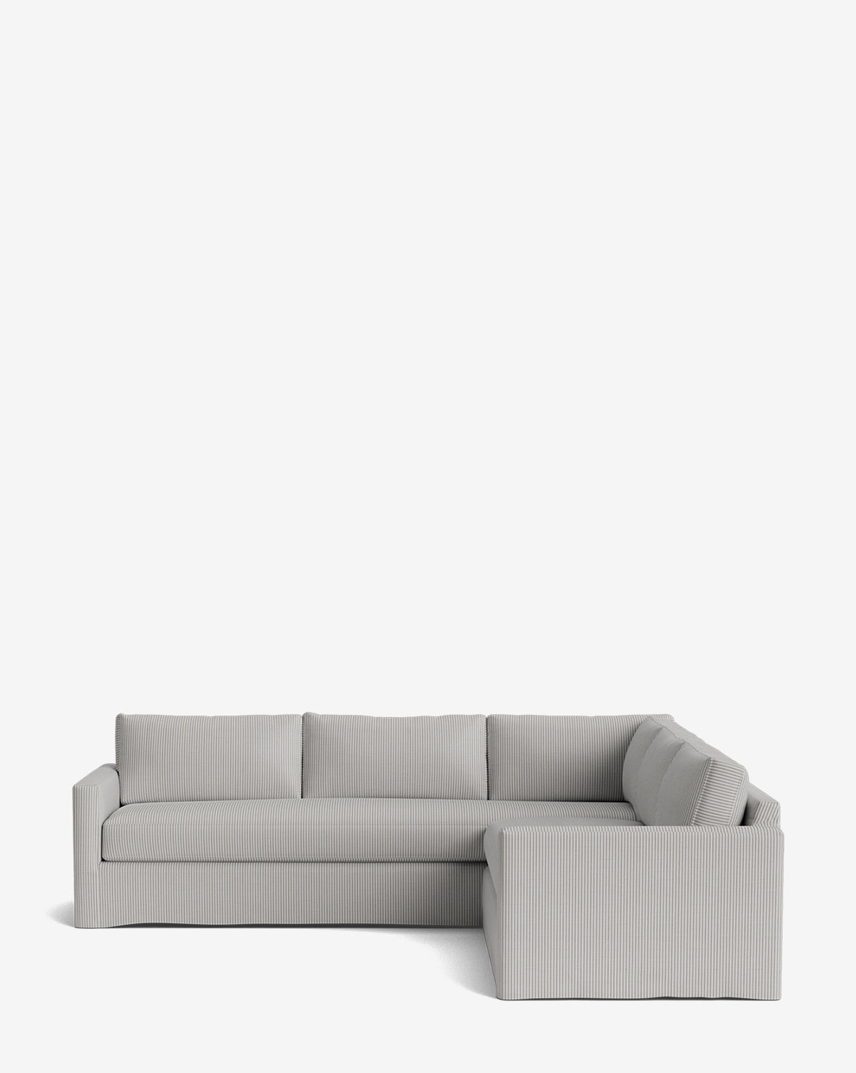 The Macy Slipcover L Sectional 108 in modern light gray features a right-facing chaise, low square arms, and three seat cushions, providing customizable comfort for any living space against a plain white background by McGee & Co.
