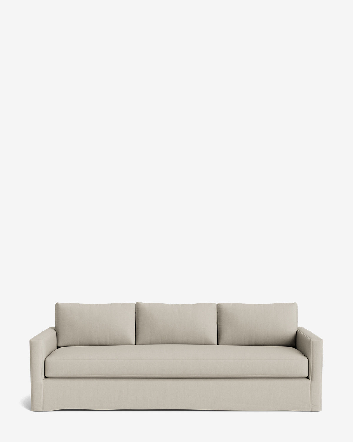 The Macy Slipcover Sofa (84-96) is a modern, light gray, customizable piece with three seat and back cushions, straight arms, and a clean-lined design, shown on a plain white background by McGee & Co.