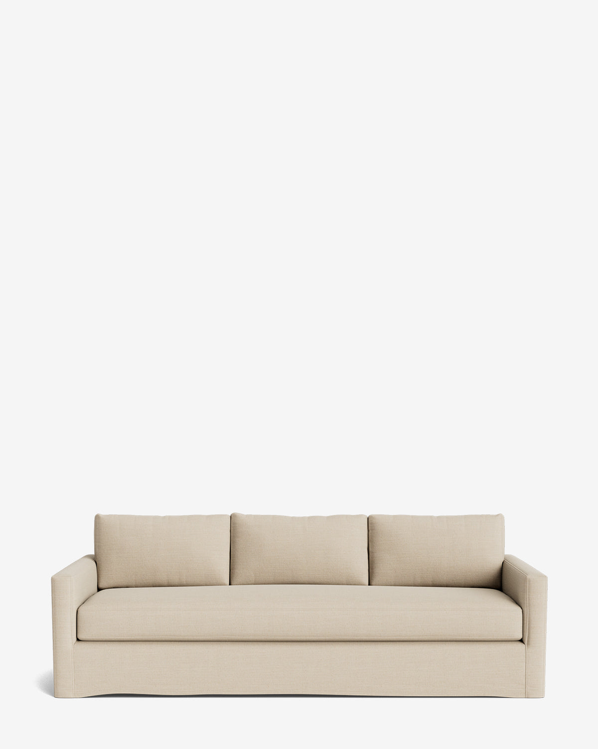 The Macy Slipcover Sofa (84-96) is a beige, three-seat sofa with straight arms and three back cushions, displayed against a plain white background by McGee & Co.