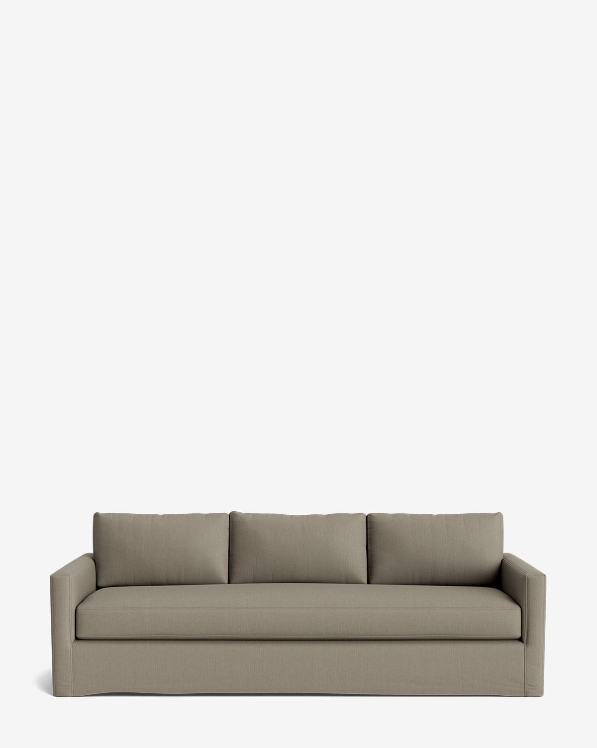 The Macy Slipcover Sofa (84-96) is a modern, light brown three-seat sofa featuring straight arms and three back cushions, displayed against a plain white background by McGee & Co.