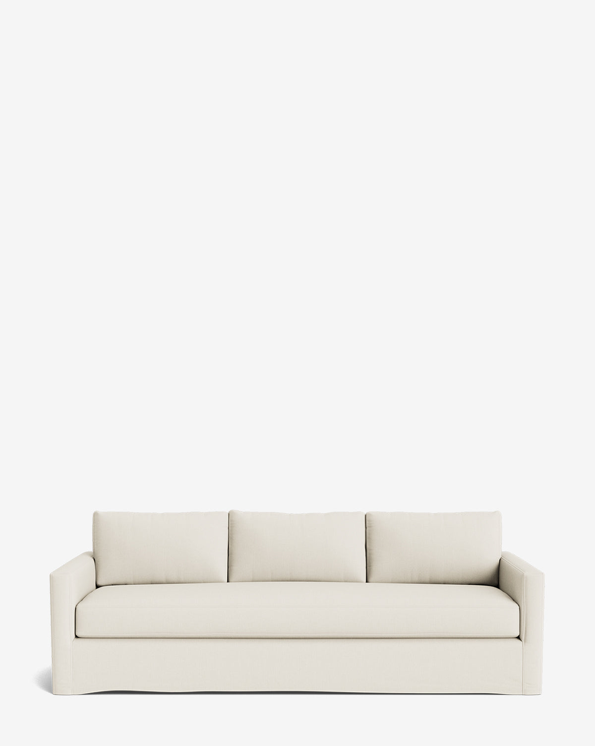 The Macy Slipcover Sofa (84-96) is a modern, off-white, customizable piece with three seat and back cushions, straight arms, and a streamlined design, shown against a plain white background, by McGee & Co.