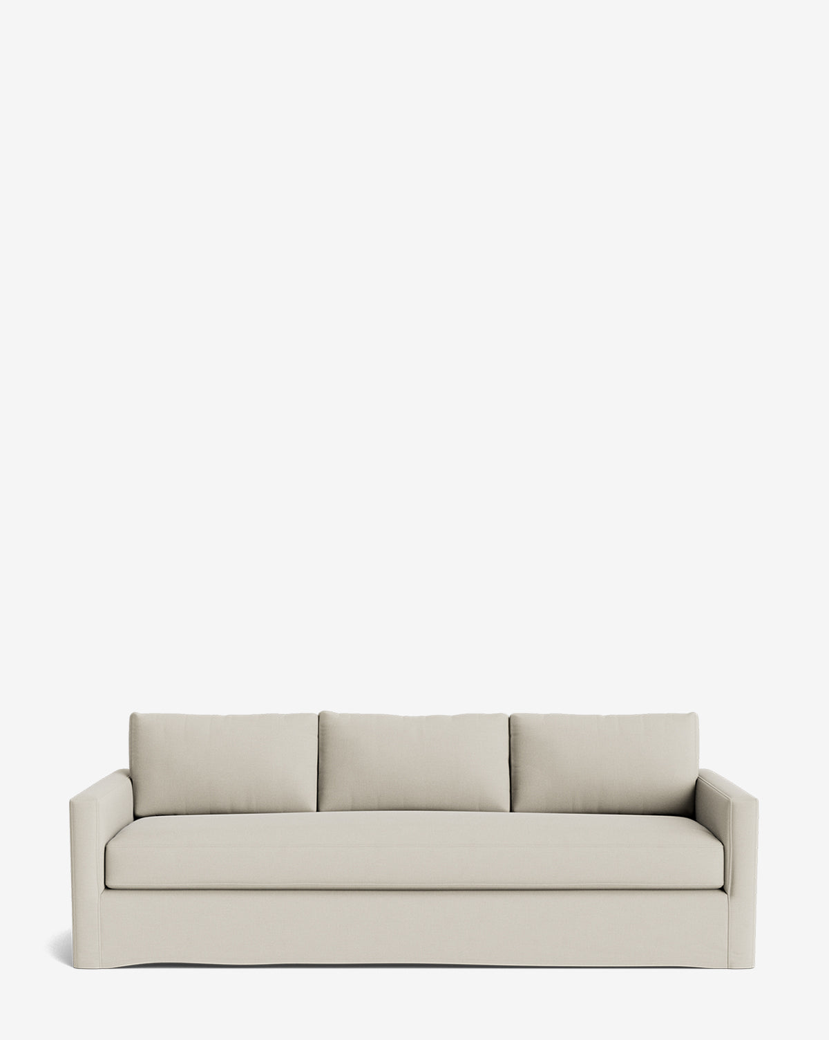 The Macy Slipcover Sofa (84-96) is a modern, light beige customizable piece with three seat cushions, three backrest pillows, straight arms, and a minimalist design, shown against a plain white background by McGee & Co.