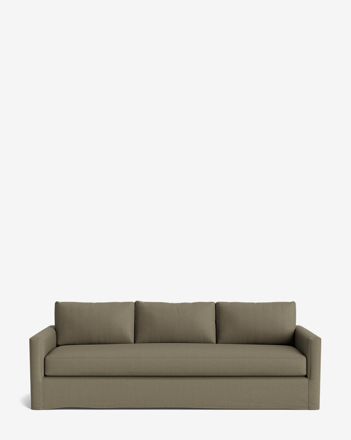 The Macy Slipcover Sofa (84-96) is a modern olive-green deep sofa with three back cushions and straight armrests, shown against a plain white background, by McGee & Co.
