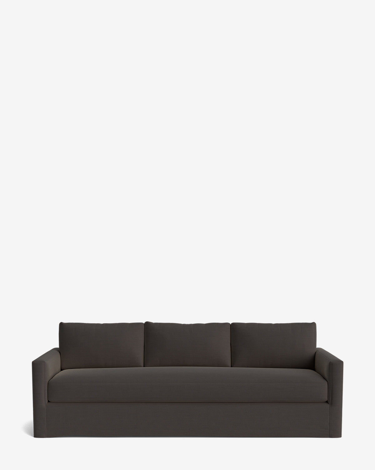 The Macy Slipcover Sofa (84-96) is a modern sofa in dark gray, featuring three back cushions and straight armrests, shown against a plain white background by McGee & Co.