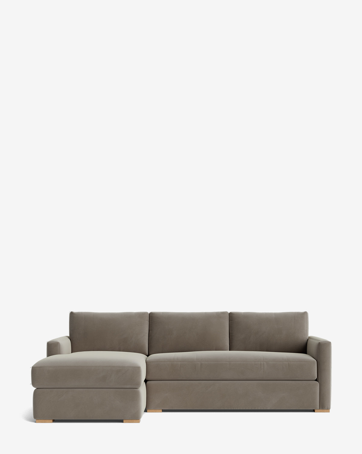 The Community Macy Upholstered Chaise Sectional 101 features gray upholstery, light wooden feet, a left-facing chaise lounge, and three back cushions for a contemporary look with clean lines by McGee & Co.