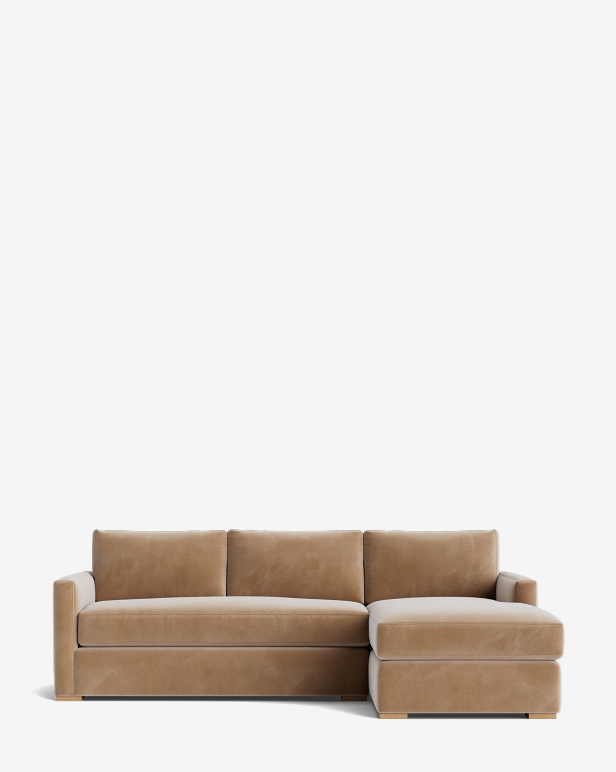 The Macy Upholstered Chaise Sectional 101 features a modern L-shaped design in light brown fabric with low square arms and a right-side chaise, shown against a plain white background by McGee & Co.