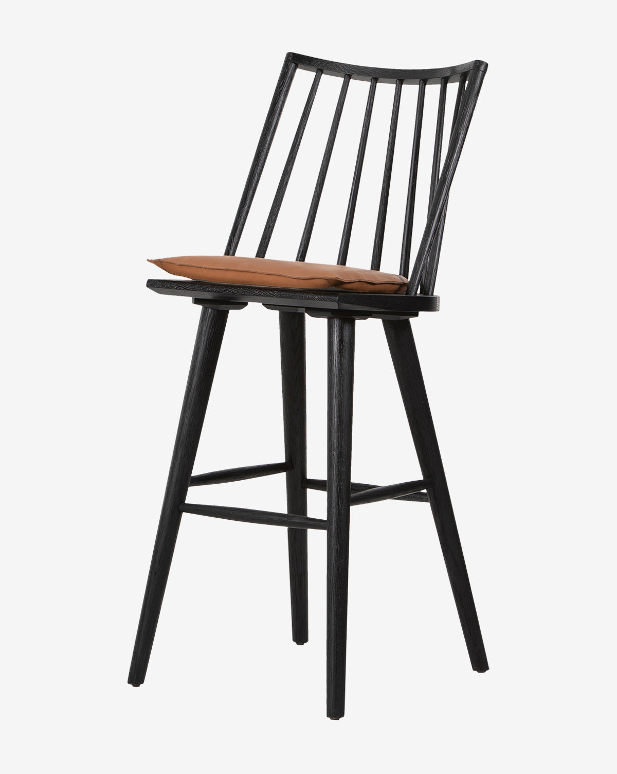 The Madison Stool features a black wooden frame, slatted backrest, four angled legs, and a brown rectangular seat cushion. Its minimalist modern design stands out against a plain white background.