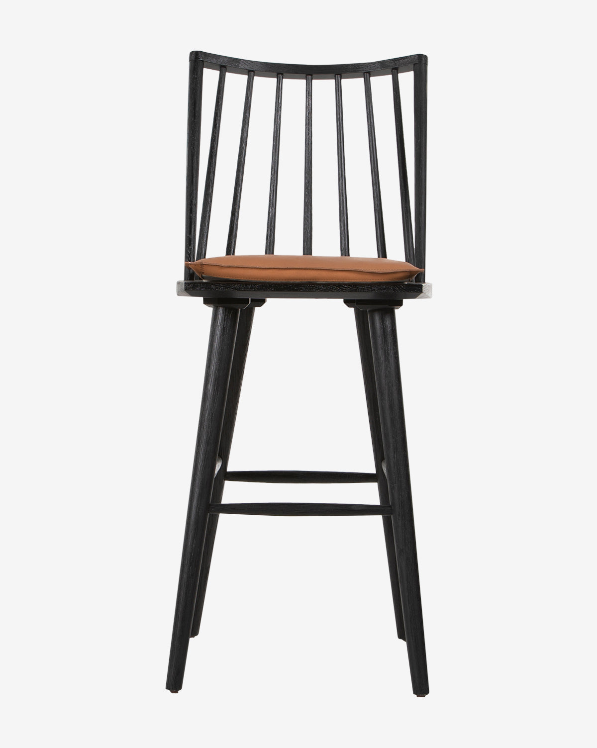 The Madison Stool features a black wooden frame, spindle backrest, and brown cushioned seat, shown on a plain white background.