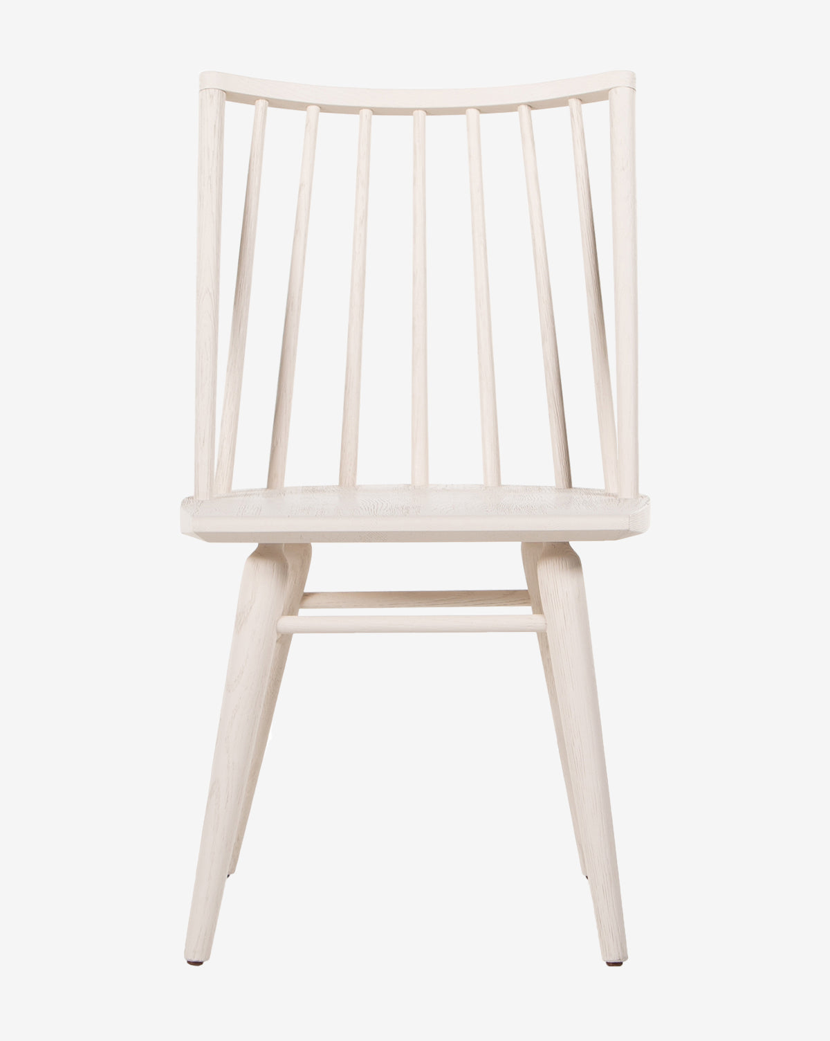 Front view of the Madison Dining Chair featuring a contemporary Windsor design with a spindle backrest, flat seat, and angled legs in light oak, set against a plain white background by McGee & Co.