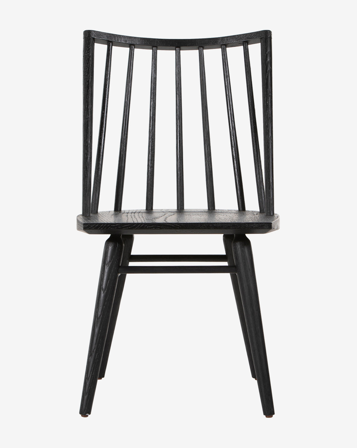 The Madison Dining Chair is a contemporary black wooden chair with a flat seat, straight backrest, and vertical slats, shown from the front against a white background by McGee & Co.