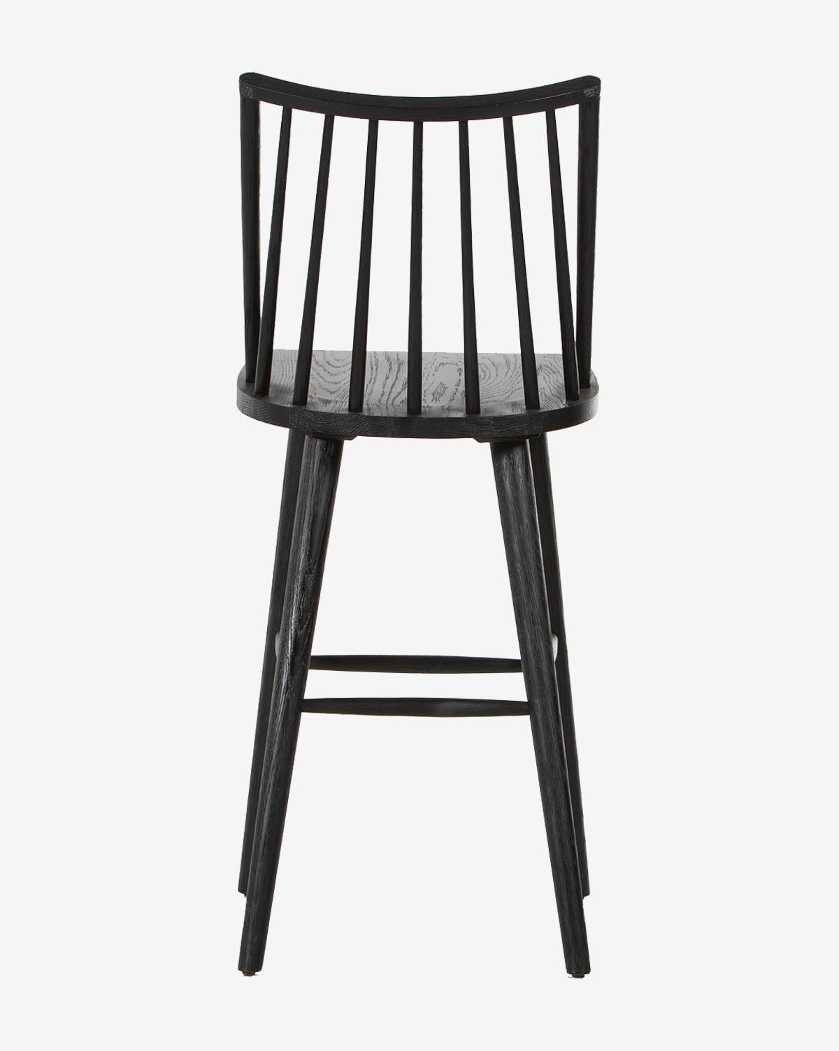 The Madison Stool, shown from the back against a white background, features a black finish, round seat, vertical slatted backrest, and angled legs.
