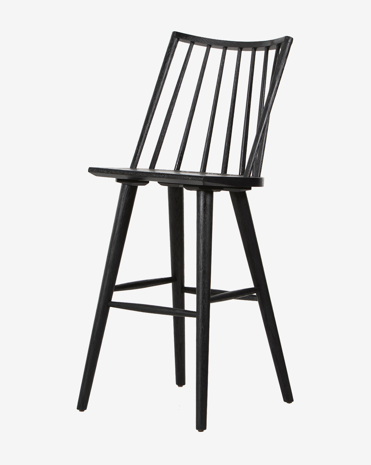 The Madison Stool, shown in black with a wooden slatted backrest, four angled legs, and footrest supports, is photographed against a plain white background.