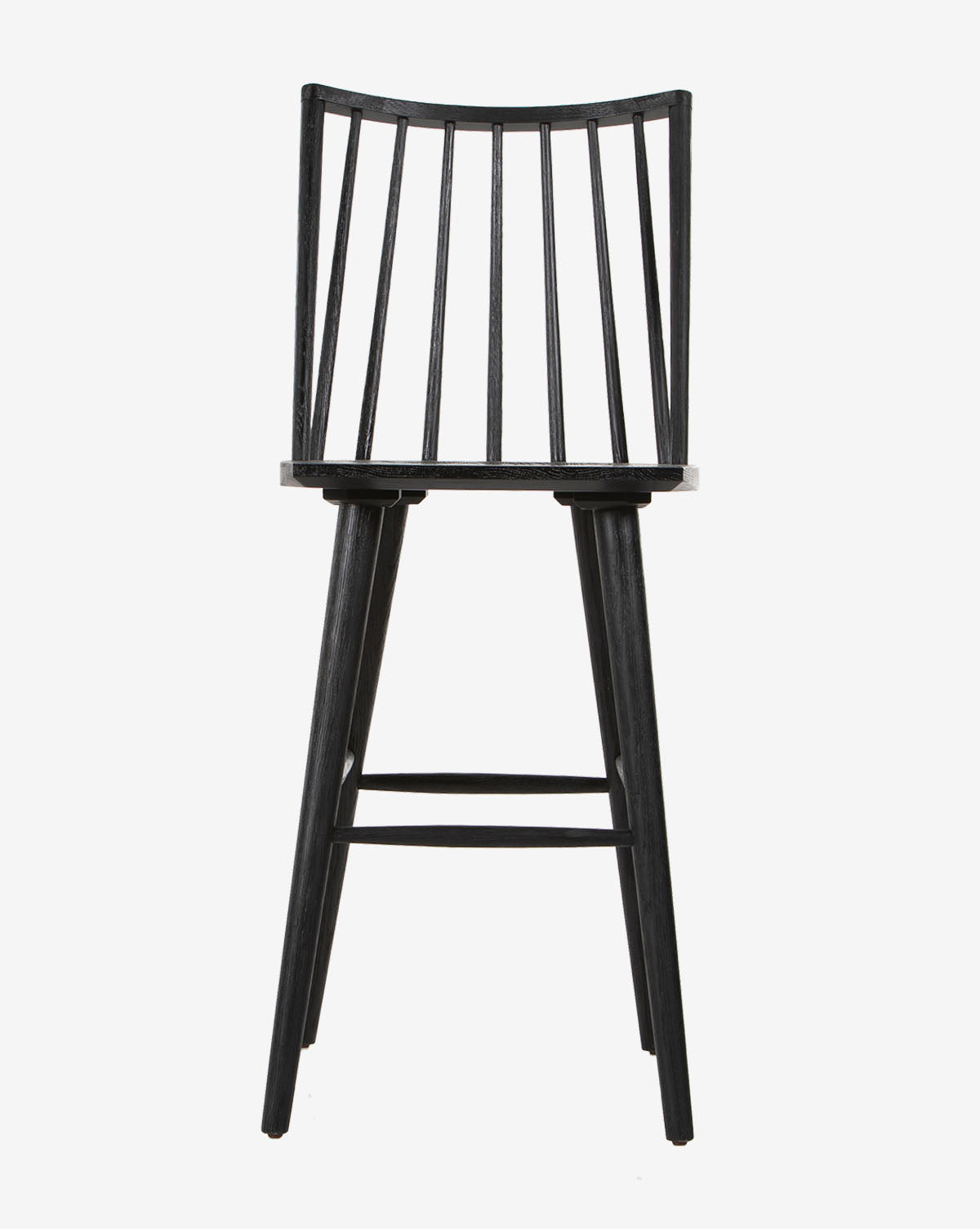 The Madison Stool is a black wooden stool featuring a slatted, curved-back design and four angled legs with horizontal supports, shown against a white background.