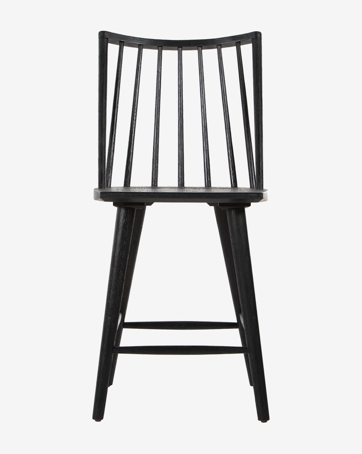 The Madison Stool features a black wooden frame, slatted backrest, angled legs, and minimalist design, pictured against a plain white background.